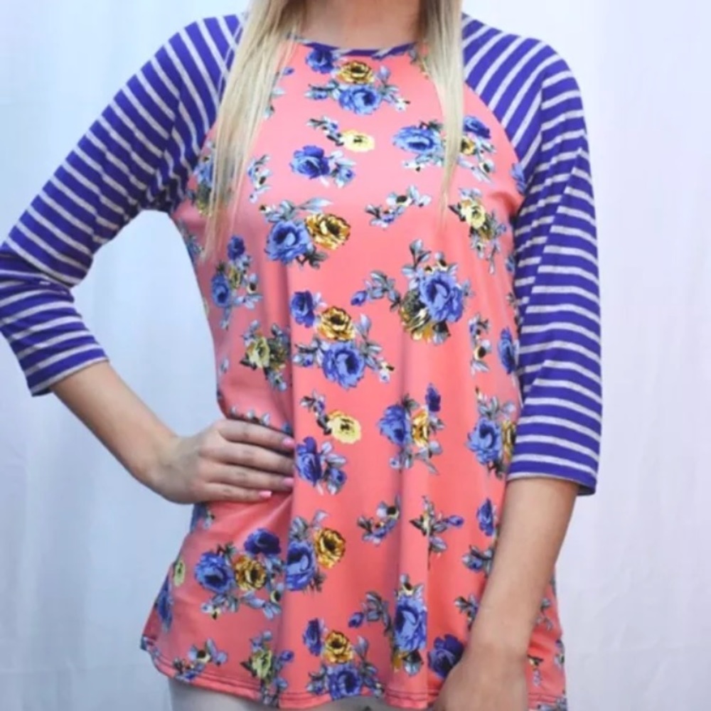Souther Stitch Floral Striped Baseball Tee New